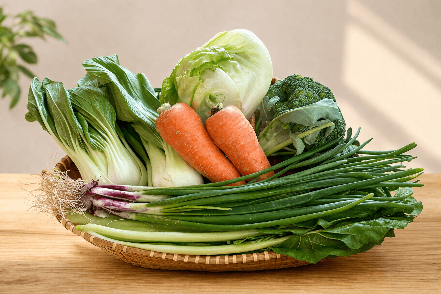 Basket of fresh organic fruit and vegetables